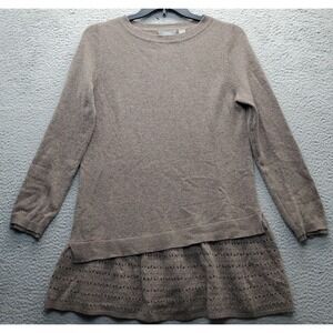 Vkoo Cashmere Sweater Women's L Brown Tight Knit Peplum Hem Round Neck Pullover